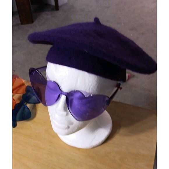 Purple Beret Wool Blend Hat One Size Matching Purple Heart Sunglasses-Decorative - Picture 2 of 5